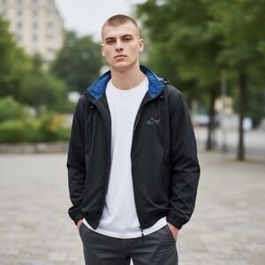 Greg Norman Windbreaker, Full Zip, Packable Hood, Men’s, Blue/Black, Size Large